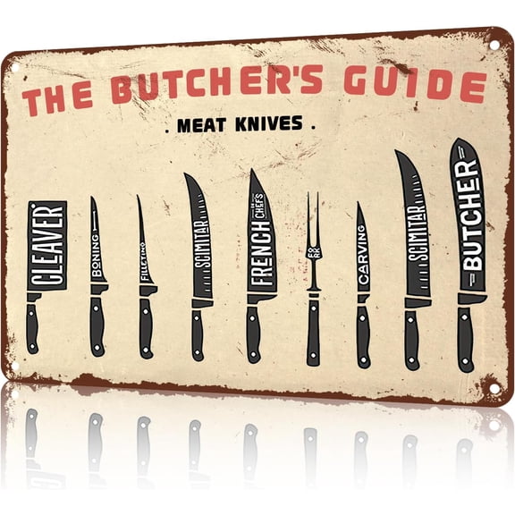 Kitchen Metal Tin Sign The Butcher's Guide Meat Knives Butcher Retro Sign For Kitchen Farm 8x12 inch