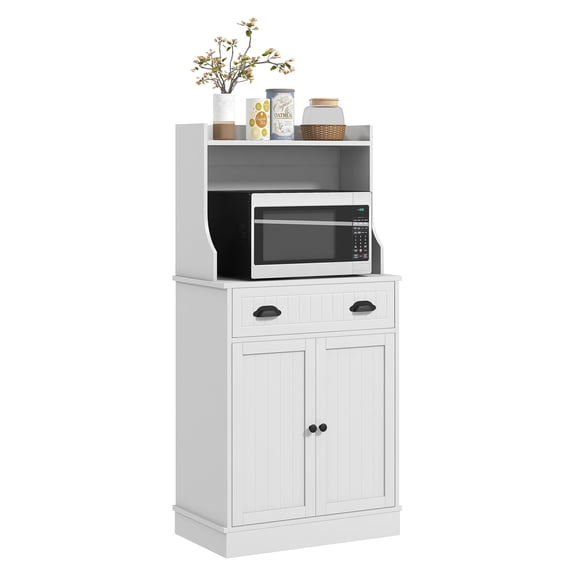 Kitchen Microwave Cabinet with Drawer & Hutch, White Buffet Cabinet for Dining Room, Adjustable Shelf Storage, Freestanding Kitchen Organizer