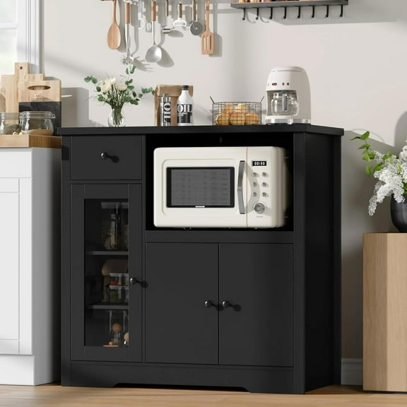 Kitchen Microwave Cabinet with Storage,Buffet Sideboard with 3 Doors, 1 Drawer & Adjustable Shelves, Pantry Storage Cabinet, Black