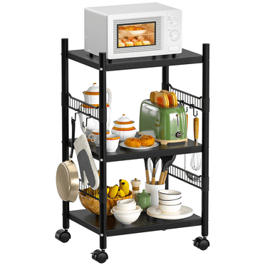 Kitchen Microwave Cart, 3-Tier Kitchen Metal Utility Storage Rack Cart, Rolling Bakers Rack, Rolling Microwave Stand with 4 Hooks for Kitchen, Living Room, Entryway