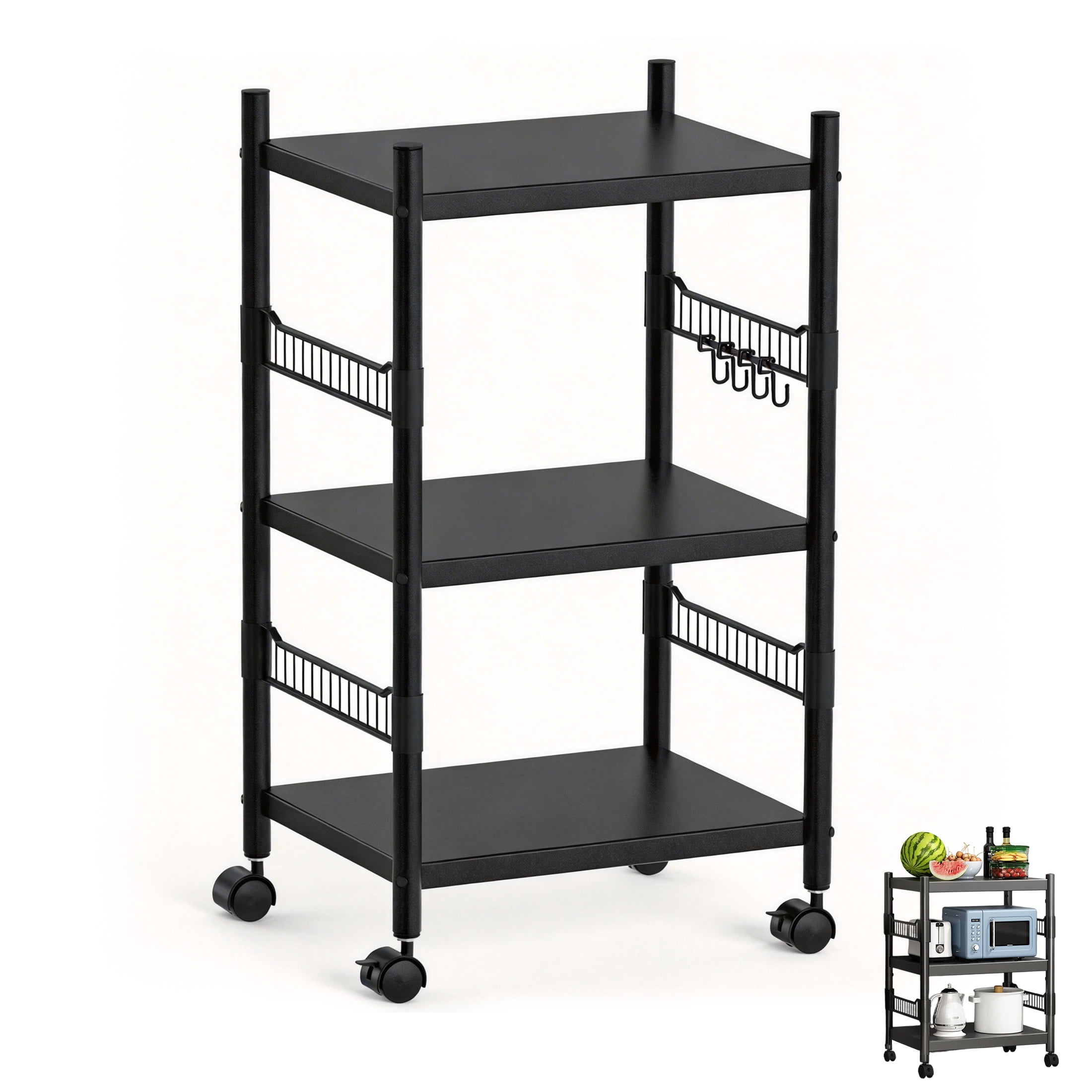 3-Tier Kitchen Microwave Cart, Rolling Utility Storage Cart, Utility Shelf Microwave Stand Storage Cart with Wheels and 4 Hooks, Microwave Oven Storage Cart for kitchens Bathrooms Offices