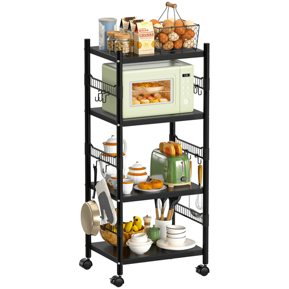 Kitchen Microwave Cart, 4-Tier Kitchen Metal Utility Storage Rack Cart, Rolling Bakers Rack, Rolling Microwave Stand Kitchen Rack with 10Hooks for Kitchen, Living Room, Entryway