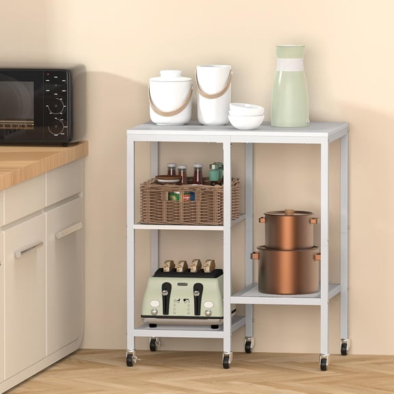 Kitchen Microwave Cart with Wheels,Coffee Bar Table Station,4-Tier Rolling Baker's Oven Rack,Small Appliance Storage Shelf,Utility Trolley Side Table for Kitchen,Office, Living Room (Snowy White)