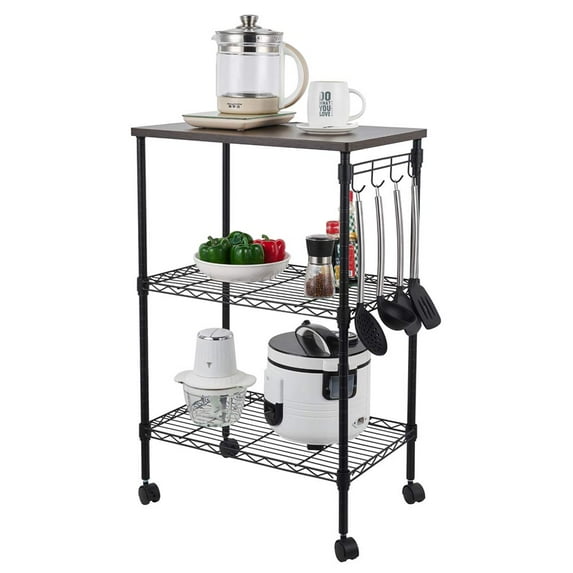 Kitchen Microwave Cart on Wheels, Wire Rolling Cart with 4 Hooks, 3 Tier Bakers Rack with Wood Table, Height Adjustable Shelves, 22L x 14W x 33.5H Inches, Rusic Brown and Black