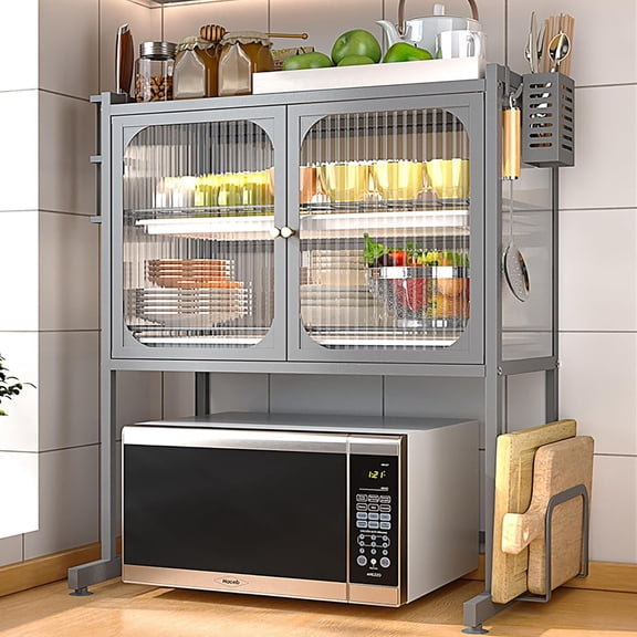 Kitchen Microwave Oven Rack, Countertop Storage Rack Toaster Stand Shelf Metal Microwave Counter Stand with Draining Tray Knife Chopstick Chopping Board Holder