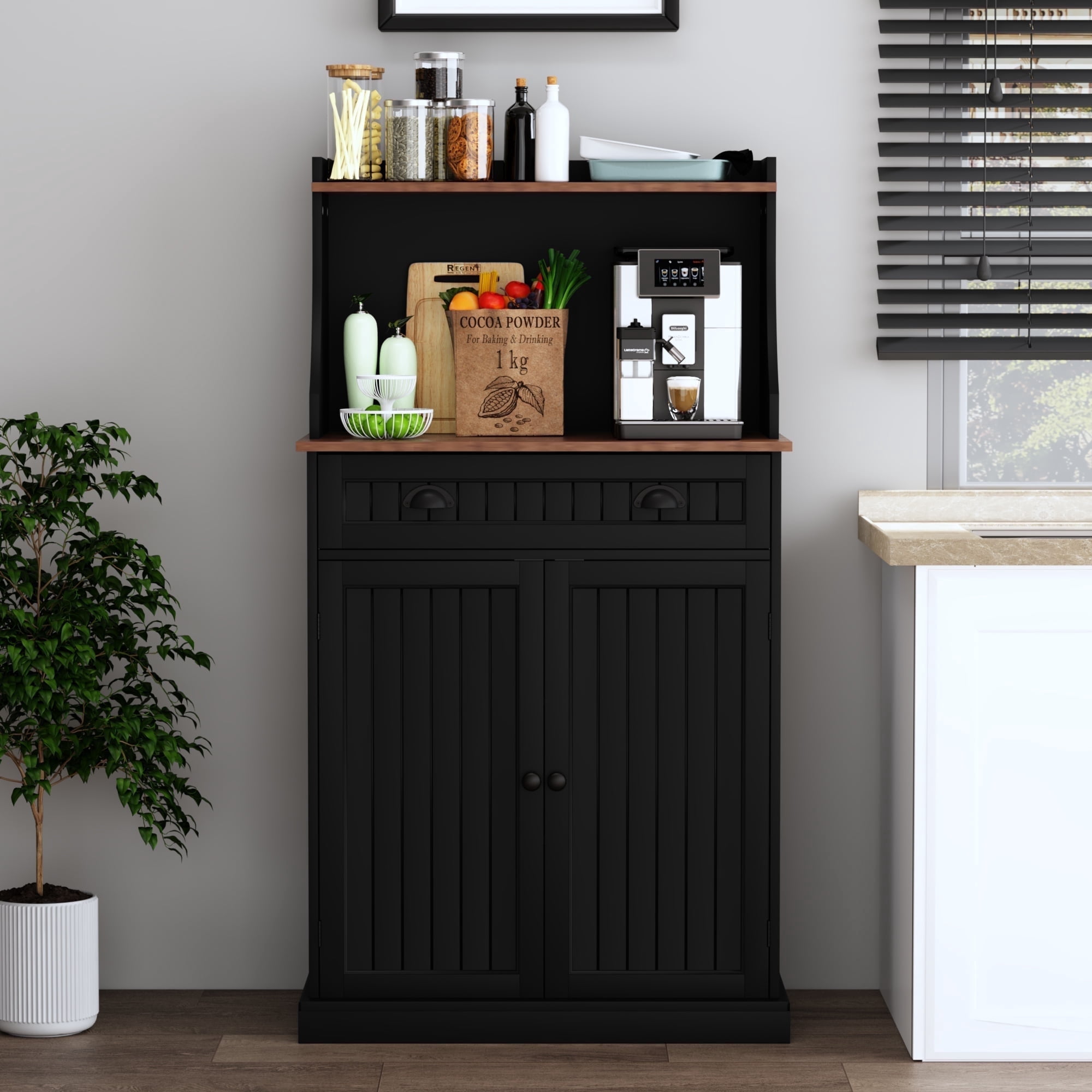 Kitchen Microwave Pantry Storage Cabinet with Drawers & Cabinets for Kitchen Organization, Black