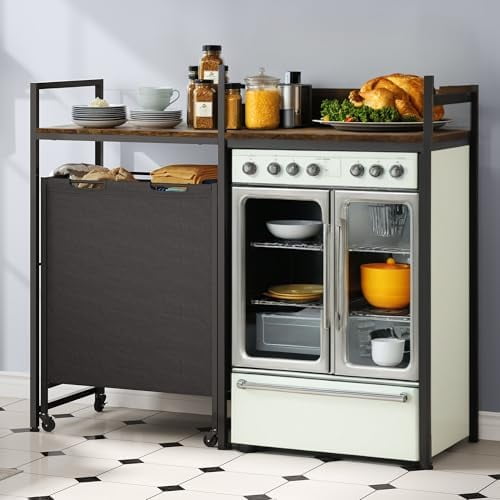 Kitchen Microwave Stand Bakers Rack with Shelf, 55" Large Kitchen Storage Shelf with Rolling Wheeled Storage Baskets/Hooks, Coffee Bar Table Station with Dining Room, Retro Brown