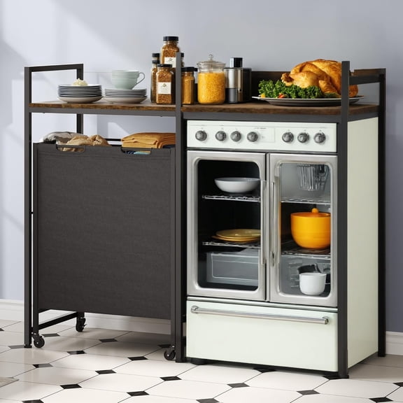 Kitchen Microwave Stand Bakers Rack with Shelf, 55" Large Kitchen Storage Shelf with Rolling Wheeled Storage Baskets/Hooks, Coffee Bar Table Station with Dining Room, Retro Brown