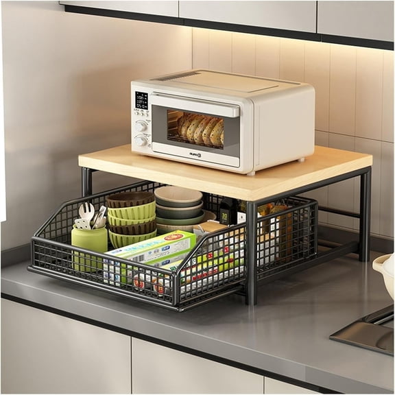 Kitchen Microwave Stand with Storage Basket, Countertop Storage Rack, Black