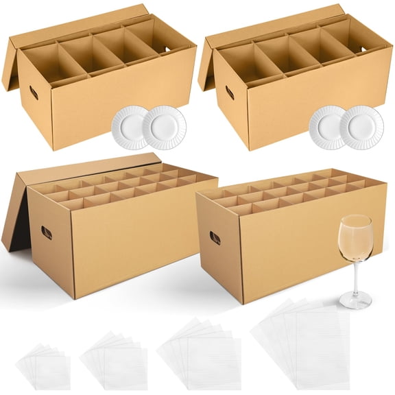 Kitchen Moving Boxes with Handles and Divider Foam Pouches, 4 Set for Glassware and Dish Transportation