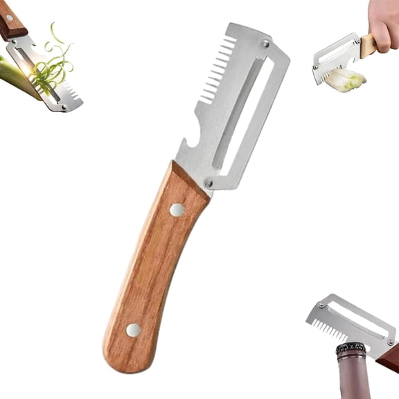 Kitchen Multi-Function Stainless Steel Thickened Fruit Peeler Knife Multifunctional Julienne Cutter + Solid Wood Peeler