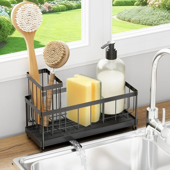Kitchen Sink Caddy, Multi-functional Sponge Storage Holder,  Stainless Steel Rack Organizer with Drain Tray, Black