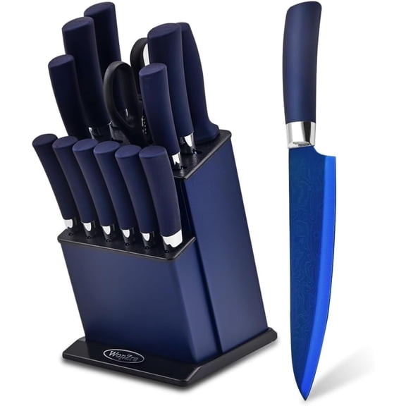 Kitchen Non Stick Knife Set with Block Thick Blade Cutlery Knife Block Sets with Sharpener 6pcs Steak Knife Shears Chef Sharp Quality Aluminum Alloy Block Blue Handle and Blade