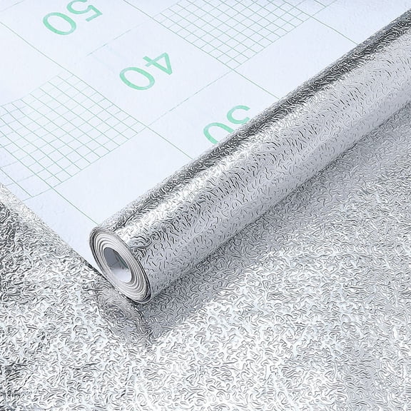 Kitchen Oil-Proof Aluminum Foil Sticker, Silver Chequer Peel & Stick Wallpaper, Removable Adhesive Contact Paper for Countertops, Cabinets, Desk, Backsplash, DIY Home Kitchen Decor, A