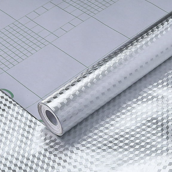 Kitchen Oil Proof Aluminum Foil Sticker, Silver Chequer Peel and Stick Wallpaper, Removable and Adhesive Paper for Kitchen Countertops, Desk, Cabinet, Shelf Liner, Kitchen Backsplash