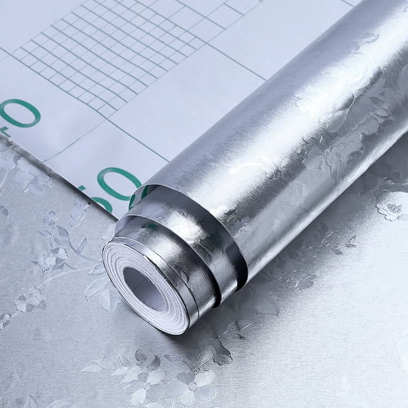 Kitchen Oil Proof Aluminum Foil Sticker Silver Chequer Peel And Stick Wallpaper Removable And Self Adhesive Paper For Kitchen Countertops Desk Cabinet/ Kitchen Greaseproof Sticker Silver Rose