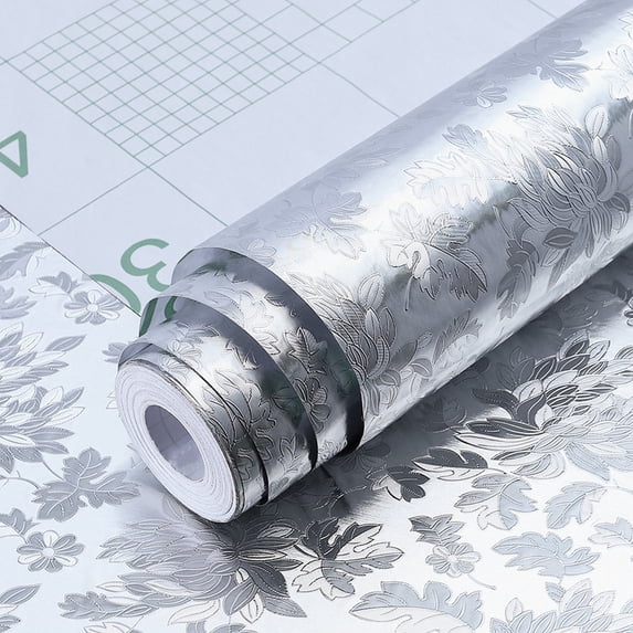 Kitchen Oil Proof Aluminum Foil Sticker Silver Chequer Peel And Stick Wallpaper Removable And Self Adhesive Paper For Kitchen Countertops Desk Cabinet/ Kitchen oil-proof sticker silver rich flower