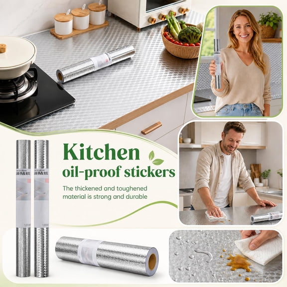 Kitchen Oil Proof Sticker, Kitchen Backsplash Peel and Stick Waterproof, Peel and Stick Shelf Liner, Cabinet Liner Waterproof, Small Roll Aluminum Foil Grid 400Mm X 1M Renter