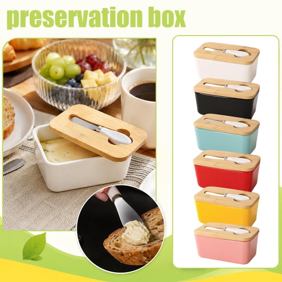 Kitchen Organization and Storage, 6.5X4X3 Inch Black Ceramic Butter Holder with Bamboo Lid, Included Smooth Grip Butter Model with Storage Slot, Sealed Countertop Butter Crock