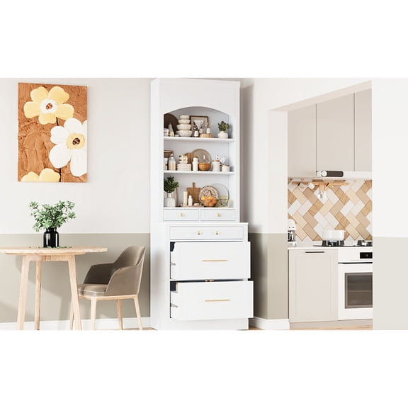 Kitchen Organizer Hutch | With 5 Drawers and Shelving | P2 MDF and Faux Marble Counter | Keeps Kitchen Neat