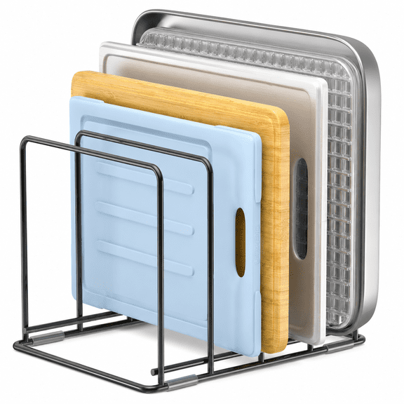 Kitchen Organizer Rack - 4-Slot Heavy-Duty Holder for Cutting Boards, Cookware Rust-Resistant, Space-Saving Design with Non-Slip Feet for Countertop and Cabinet Storage