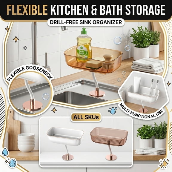 Kitchen Organizer and Storage, Bathroom Sink Organizer Countertop, No Drill Mount Countertop Storage, Gooseneck Adjustable Angle Bathroom Shelf, White Multi-Functional 8X4X7.5