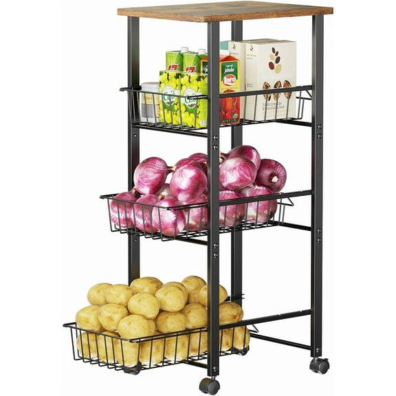 Kitchen Organizer and Storage Cart, 4-Tier Rolling Utility Cart with Wheels, Slide-Out Baskets and Table Top, for Fruit Potato Onion Vegetable Snack,Black