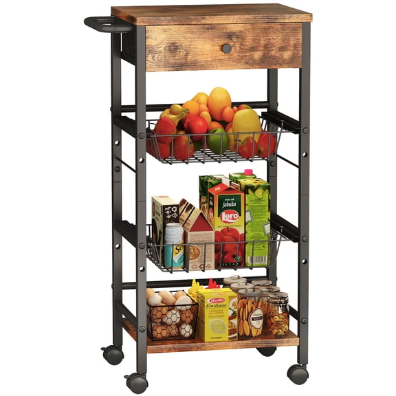 Kitchen Organizer and Storage Cart with Fabric Drawer and Convenient Handle, Snack Organizer Cart with 2 Pull-Out Baskets and 2 Storage Shelves, Rolling Kitchen Cart for Fruit Potato Onion Vegetable