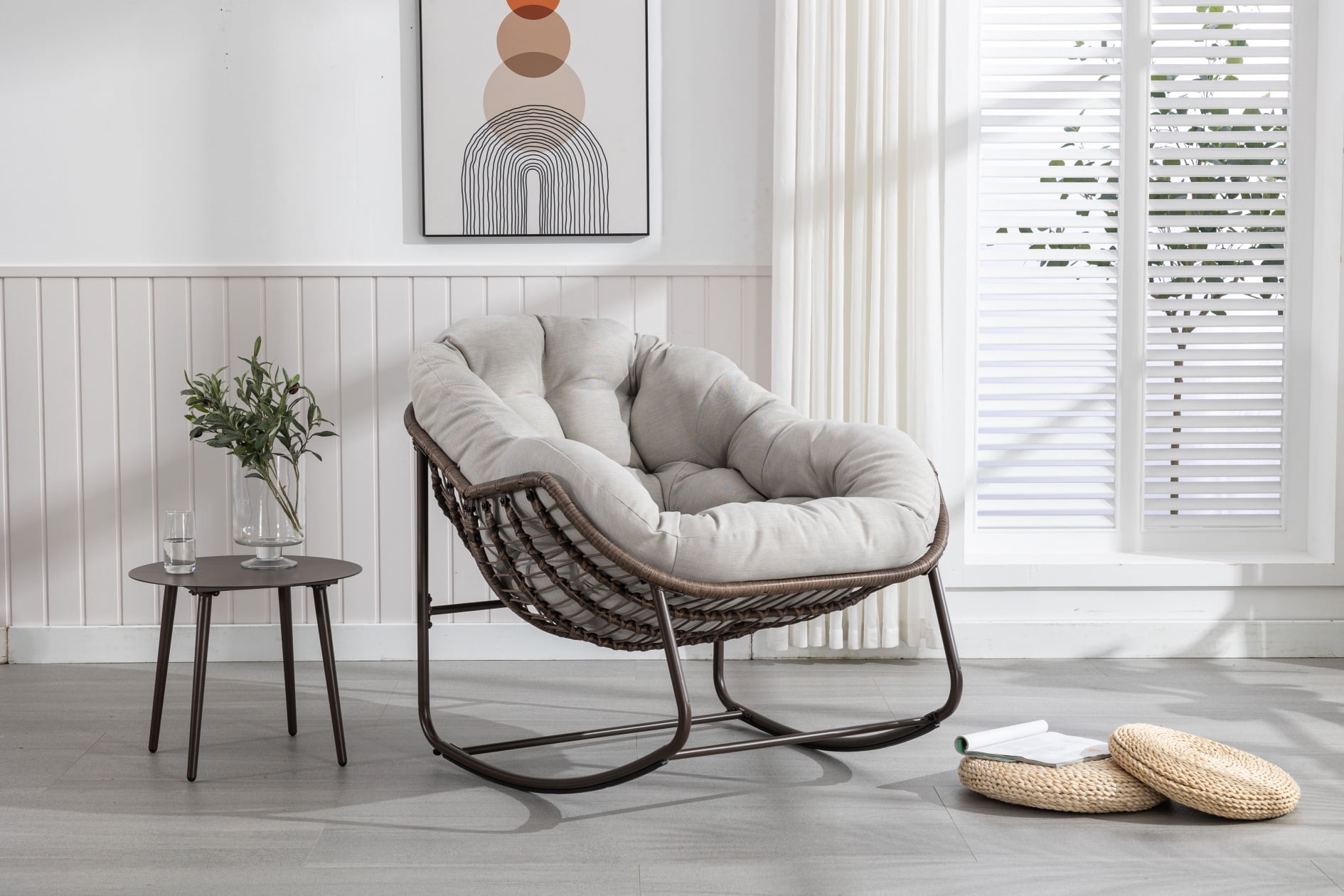 Kitchen Outdoor Patio Rocking Chair Wicker Rocker Chairs with Padded Cushion All Weather Rattan Chair with Steel Frame Egg Rocking Chair for Front Porch Lounge Bedroom Beige Walmart