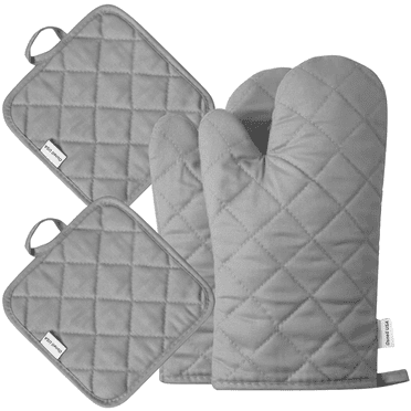 Kitchen Oven Mitt Pot Holder Set Cotton Linens Oven Mitt Pot Holder Gray Color by Osnell USA