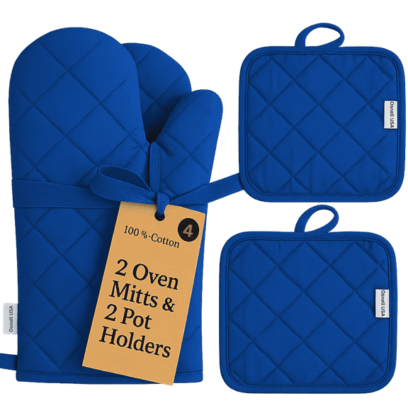 Kitchen Oven Mitt Pot Holder Set Cotton Linens Oven Mitt Pot Holder Navy Blue Color by Osnell USA