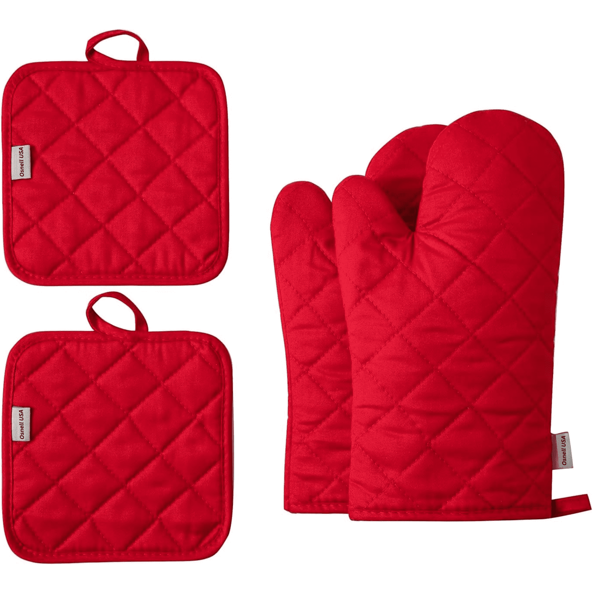 Red Diamond Stitch Cotton Oven Mitt and Pot Holder Set