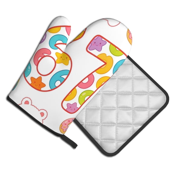 Kitchen Oven Mitts And Pot Holders Set 2pcs Waterproof Heat Resistant Glove Pot Holder Baking Grilling Microwave Number 67 Bear Lollipop Donut