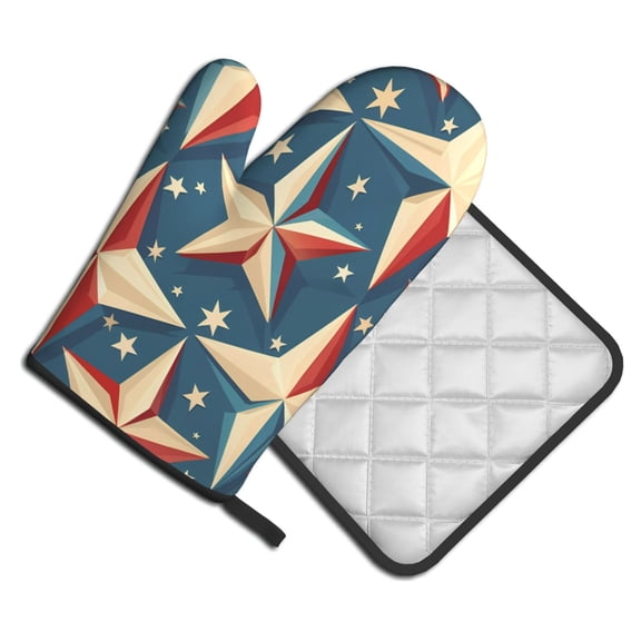 Kitchen Oven Mitts And Pot Holders Set 2pcs Waterproof Heat Resistant Glove Pot Holder Baking Grilling Microwave Independence Day Theme Elements Star (7)