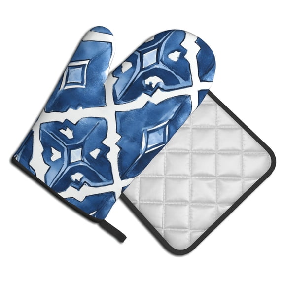 Kitchen Oven Mitts And Pot Holders Set 2pcs Waterproof Heat Resistant Glove Pot Holder Baking Grilling Microwave Indigo Moroccan Trellis Hand-Drawn Sketch_2