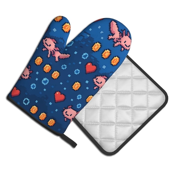 Kitchen Oven Mitts And Pot Holders Set 2pcs Waterproof Heat Resistant Glove Pot Holder Baking Grilling Microwave Retro Pixel Axolotls - 8-Bit Nostalgia