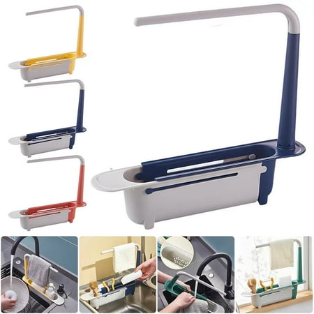 Kitchen Over Sink Shelf Rack,Expandable Adjustable Storage Drain Basket Rack Soap Holder for Home Kitchen-Blue