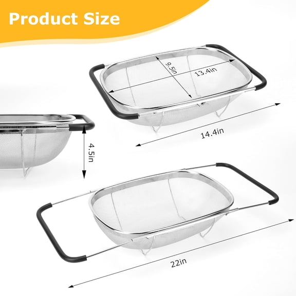 Kitchen Over-the-Sink Colander Strainer, Stainless Steel Basket with Expandable Rubber Grip, Fine Mesh Large Strainer for Fruits, Vegetables & Pasta Drainage