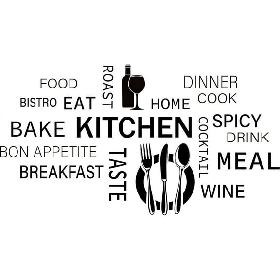 Kitchen PVC Wall Sticker Cooking Related Words Vinyl Wall Art Decal Tableware Patterns for Kitchen Dinning Room Restaurant Wall Door Decor Black Making DIY