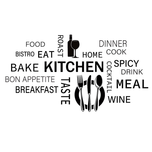 Kitchen PVC Wall Sticker Cooking Related Words Vinyl Wall Art Decal Tableware Patterns for Kitchen Dinning Room Restaurant Wall Door Decor Black DIY