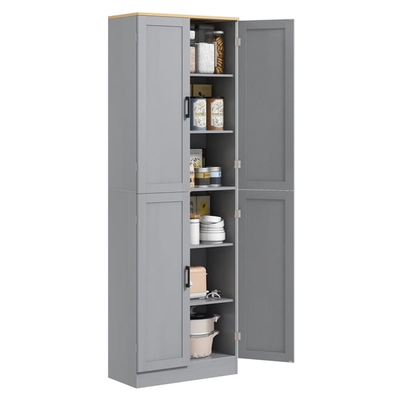 Kitchen Pantry 4-Door Cabinet, Freestanding Storage Organizer, Adjustable Shelves, Distressed White