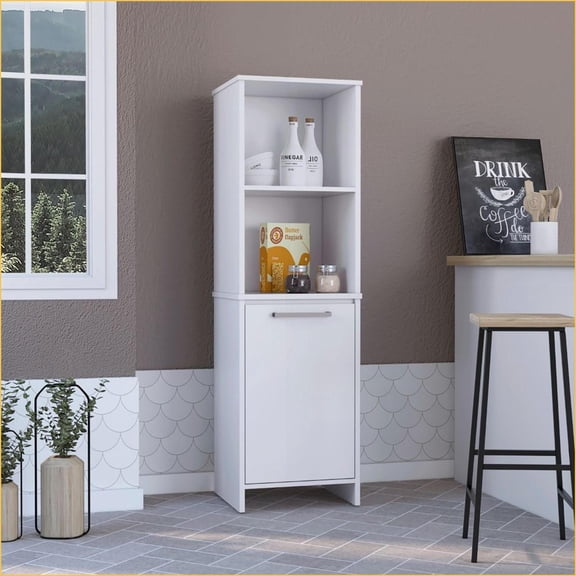 Kitchen Pantry 59"H, Two Open Shelves, Single Door Cabinet, White | Particle Board | Particle Board
