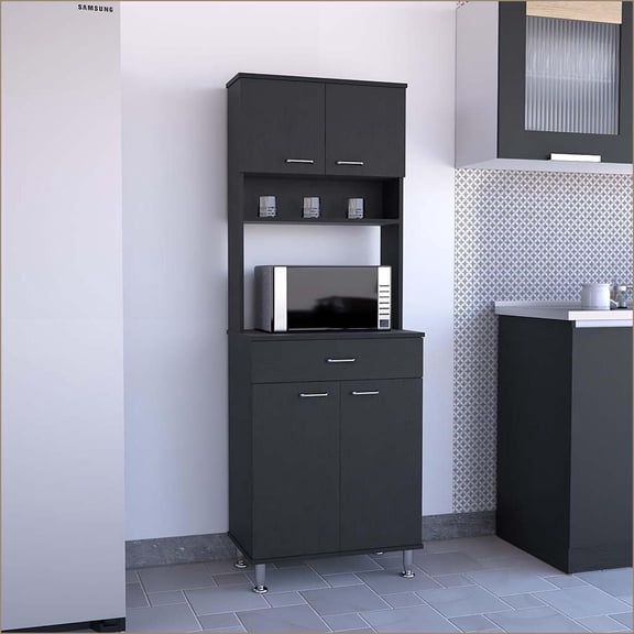 Kitchen Pantry, 60 Della with Countertop, Closed & Open Storage - Black | Modern | Particle Board