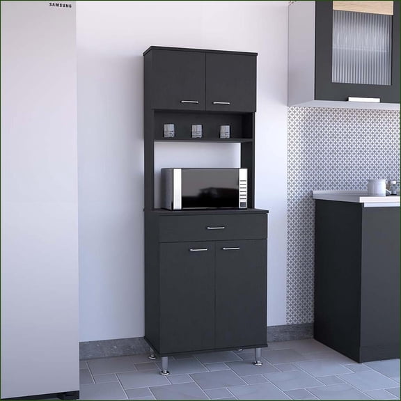 Kitchen Pantry 60" with Countertop, Closed & Open Storage - Black | Modern | Particle Board