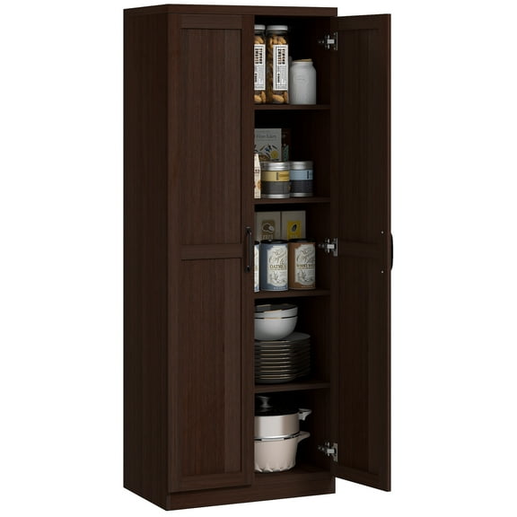 Kitchen Pantry, 63" H Particle Board Freestanding Storage Cabinet with 2 Adjustable Shelves and 5-Tier Interior, Cinnamon Cherry Wood Grain Brown for Dining Room and Kitchen Areas