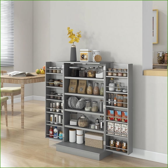 Kitchen Pantry Cabinet, 41" Freestanding Storage with 12 Door Shelves, 5-Tier Adjustable Shelves, Double Doors, Paper Gray | MDF Construction