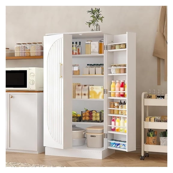 Kitchen Pantry Cabinet 47" H, Farmhouse Storage Cabinet with Adjustable Shelves and Drawer, Buffet Cupboards Sideboard for Kitchen, Dining Room, Living Room (White, 16" D x 24" W x 47" H)