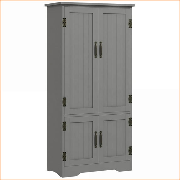 Kitchen Pantry Cabinet, 48.5" Farmhouse Gray Organizer with 2 Adjustable Shelves & 4 Beadboard Doors | MDF