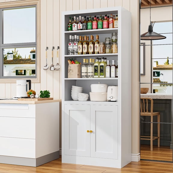 Kitchen Pantry Cabinet, 55" Tall Metal Storage Cabinet with Doors and Shelves, Pantry Storage Cabinets for Kitchen, Living Room, Dining Room (White)