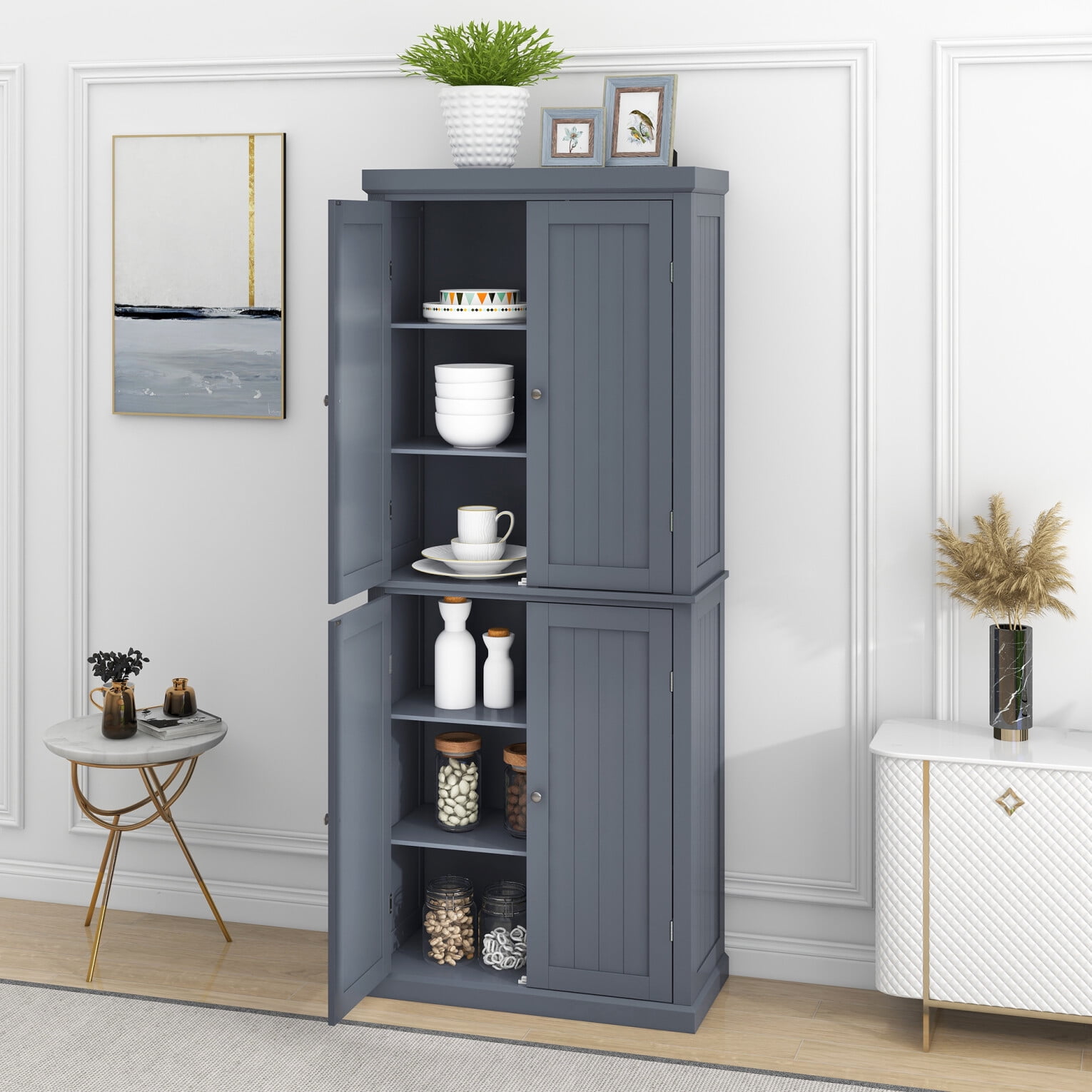 Kitchen Pantry Cabinet with 6 Tier Shelves 4 Door Food Storage Cabinet with Metal Handles and Sturdy Base Freestanding Cupboard with Anti Tipping
